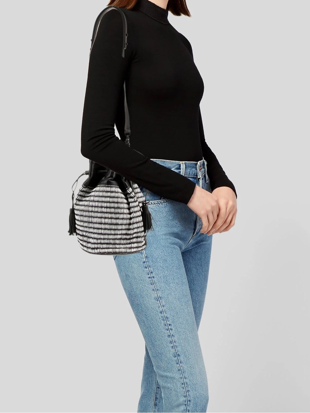 Loeffler Randall Black and White Textured Straw Leather Crossbody Bag